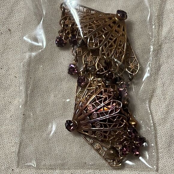 Vintage Gold-Tone Filigree Fan Clip-On Earrings with Beaded Fringe - Picture 7 of 8